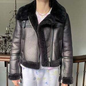 URBAN OUTFITTERS BLACK FAUX FUR AVIATOR JACKET
